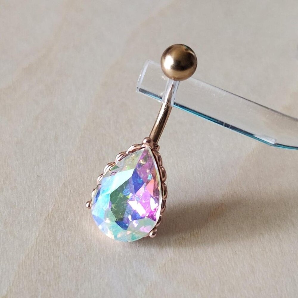 Rose Gold iridescent  Aurora Borealis Finish Tear Drop Belly Button Ring.